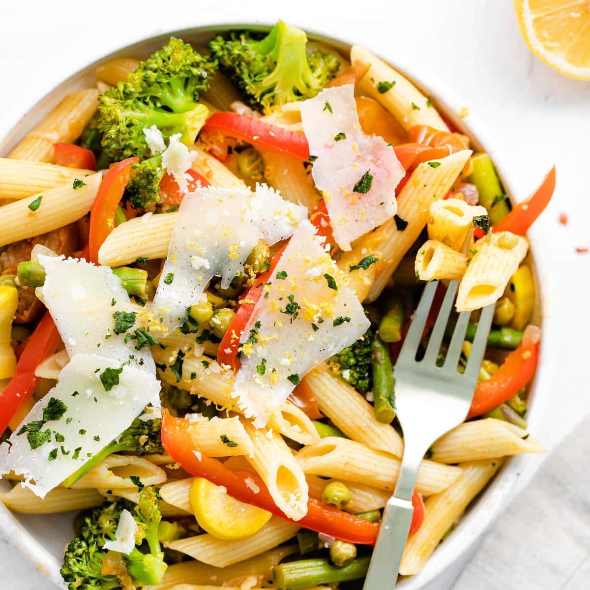 Veggie-Packed Whole Wheat Primavera with Bacon in 30 Mins